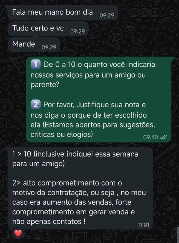 Print da pesquisa de satisfação de um cliente de academia dando nota 10 para a Vibe