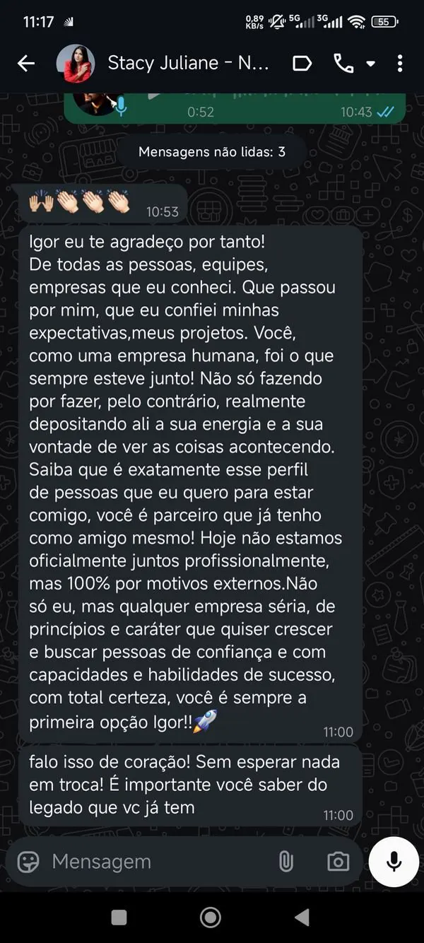 Print da mensagem de Stacy Juliane agradecendo ao Igor e dizendo que a Vibe é sempre a primeira opção